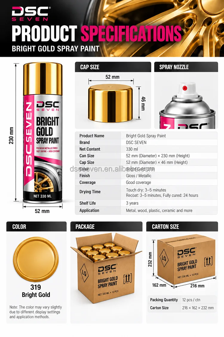 Bright Gold Metallic Aerosol Spray Paint Quick Dry High Coverage Gloss Finish 330ml Can for Metal Wood Plastic Refinish H39a2e0274bcd49de9239d5e74f86b6596