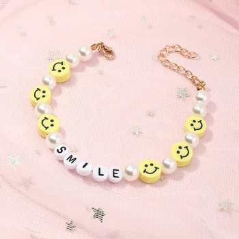 Wholesale Cheap Fashion Jewelry Smile Alphabet Pearl Bangle Bracelet Beaded Charm Bracelet Smile Face Bracelet For Girls