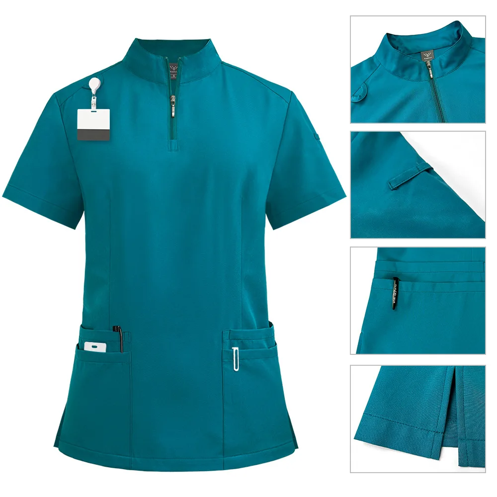 Nursing Uniform Sets Unisex Short Sleeves Stand-up Collar Zipper Overalls Nurse Uniforms for Hospital Top & Pants Multi Pocket