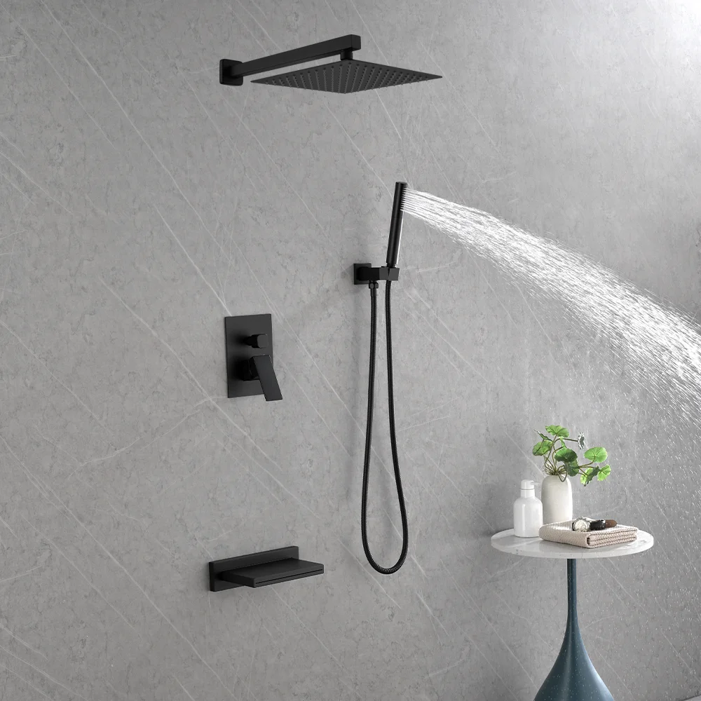 Wall Mounted 3 Way Shower Faucet Matt Black Finish Brass Bathroom Shower Faucet Waterfall Tub Filler In-Wall Bath Shower Mixer