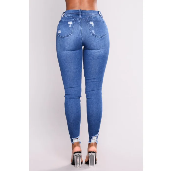 fashion Casual high waist pierced tassel womens jeans skinny ripped  blue denim high waisted pants women's jeans