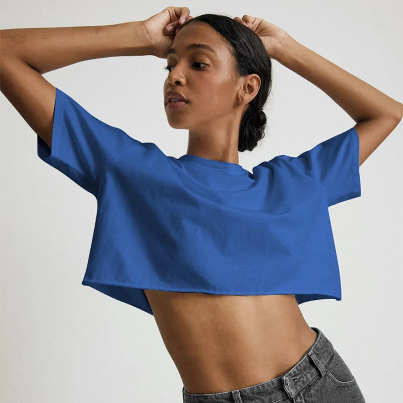 Hot Sale Women's Custom Blank 100% Cotton Short Sleeve Oversized Fitness Cropped Tee Shirts