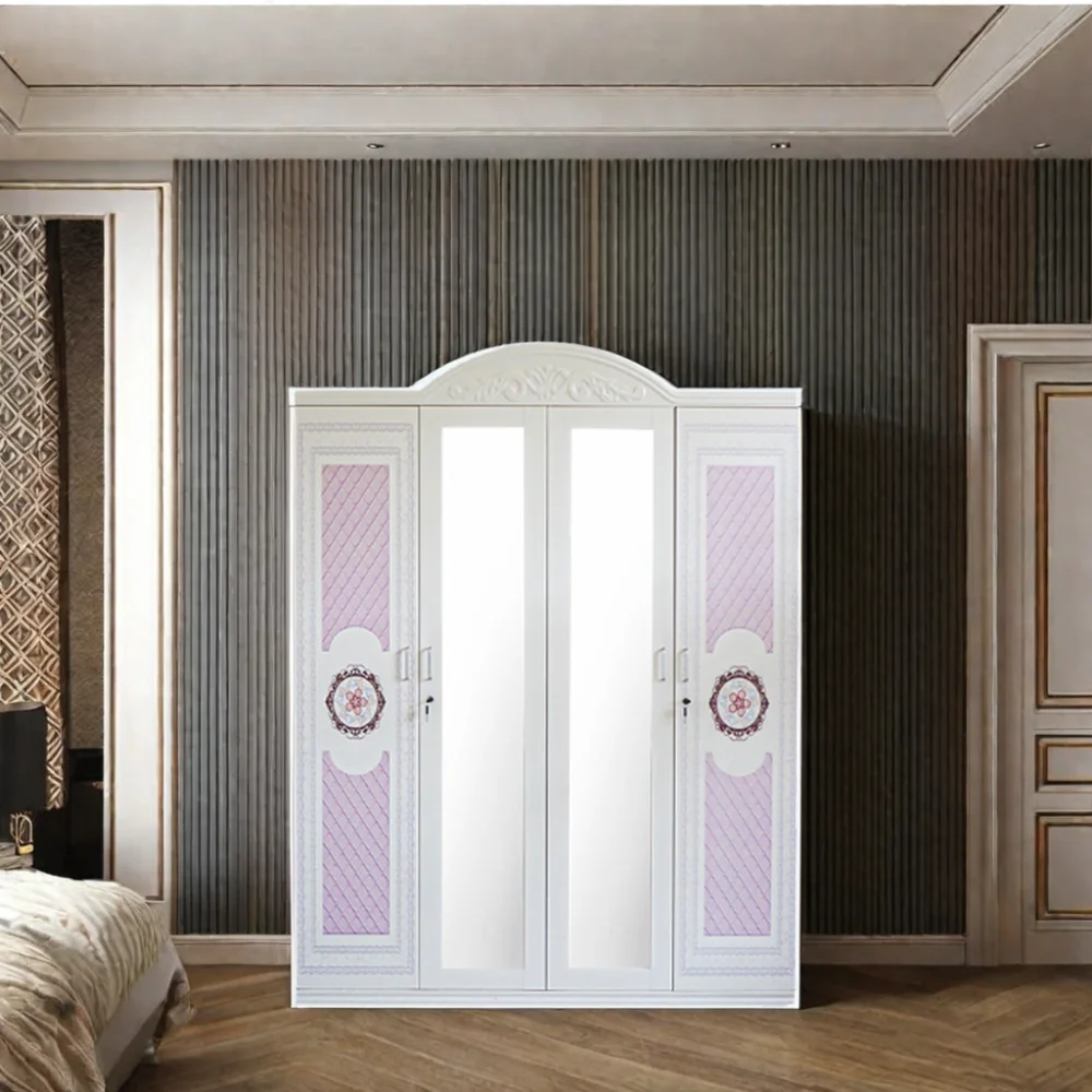 4-Door Metal Imprint Cupboard Steel Almirah Lemari Pakaian Armario Cabinet with Mirror Home Bedroom Wardrobe Furniture