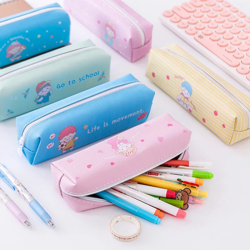 Cartoon simple stationery supplies for male and female students storage bag square large capacity pencil bag enrollment gift can