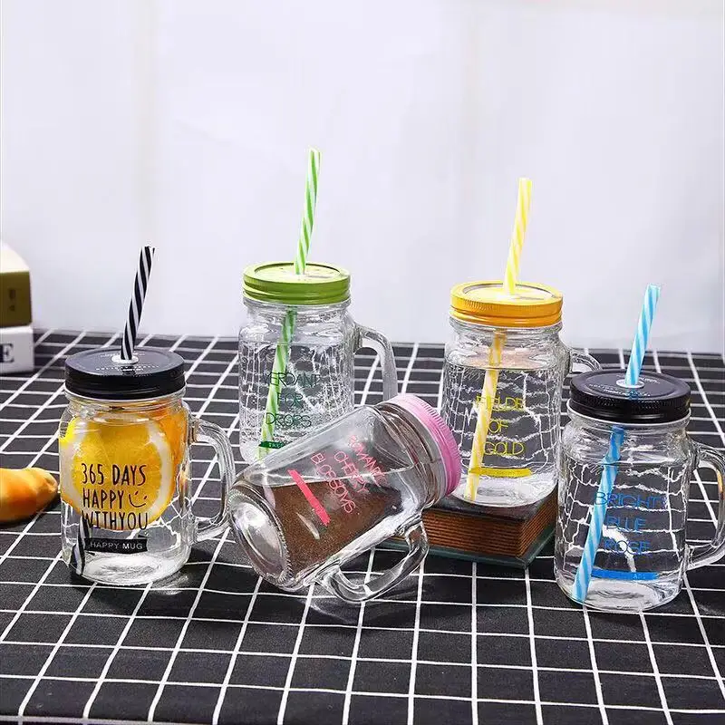 A3322 Cold Drinking Handle Jars Gifts Transparent Beverage Juice Bottle With Lid Water Cup Mug Glass Storage Mason Jar