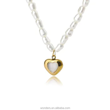 18K Gold White Heart Pendant With Artificial Pearl Chains Necklace For Friends Half Pearl Half Paper Clip Chain Necklace