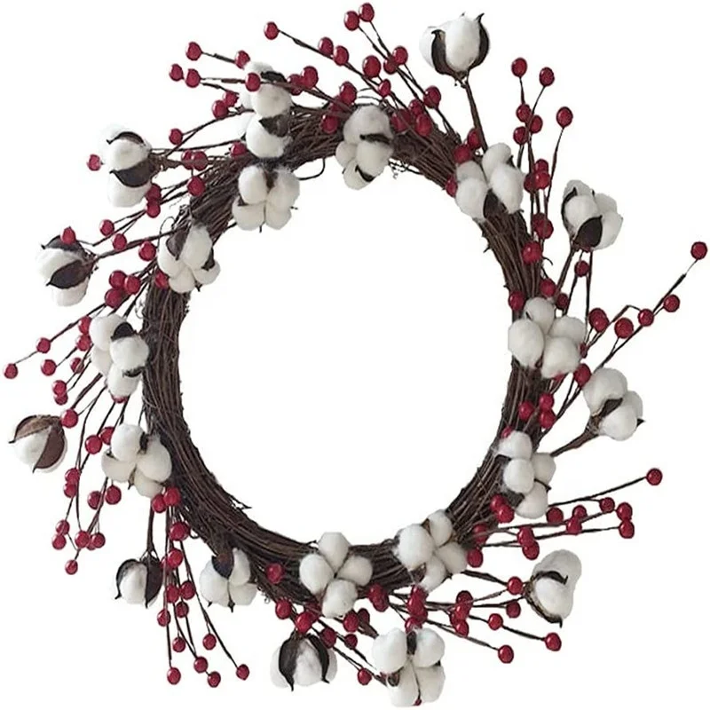 20 inch Handmade Farmhouse Artificial Flower for Home Decor Soft Natural Cotton Ball Wreath