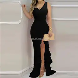 Summer Party Ladies Long Dress One-Shoulder Shiny Dress For Party Pleated High Slits