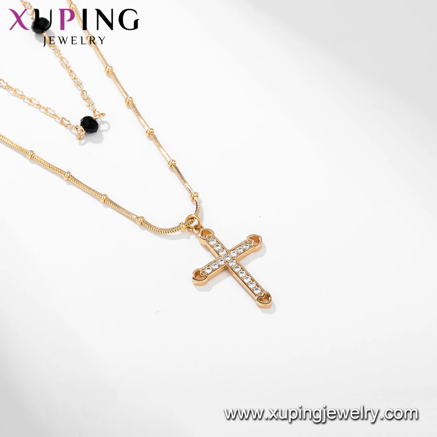 46916 Xuping fashion jewelry gold plated two layer rosary cross pendant bead necklace for women