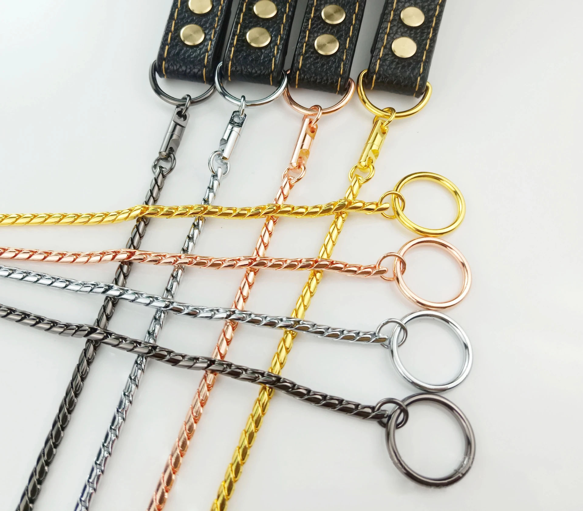 Snake Dog Collar and Leather Chain Stainless Steel Dog Leash with Leather Handle