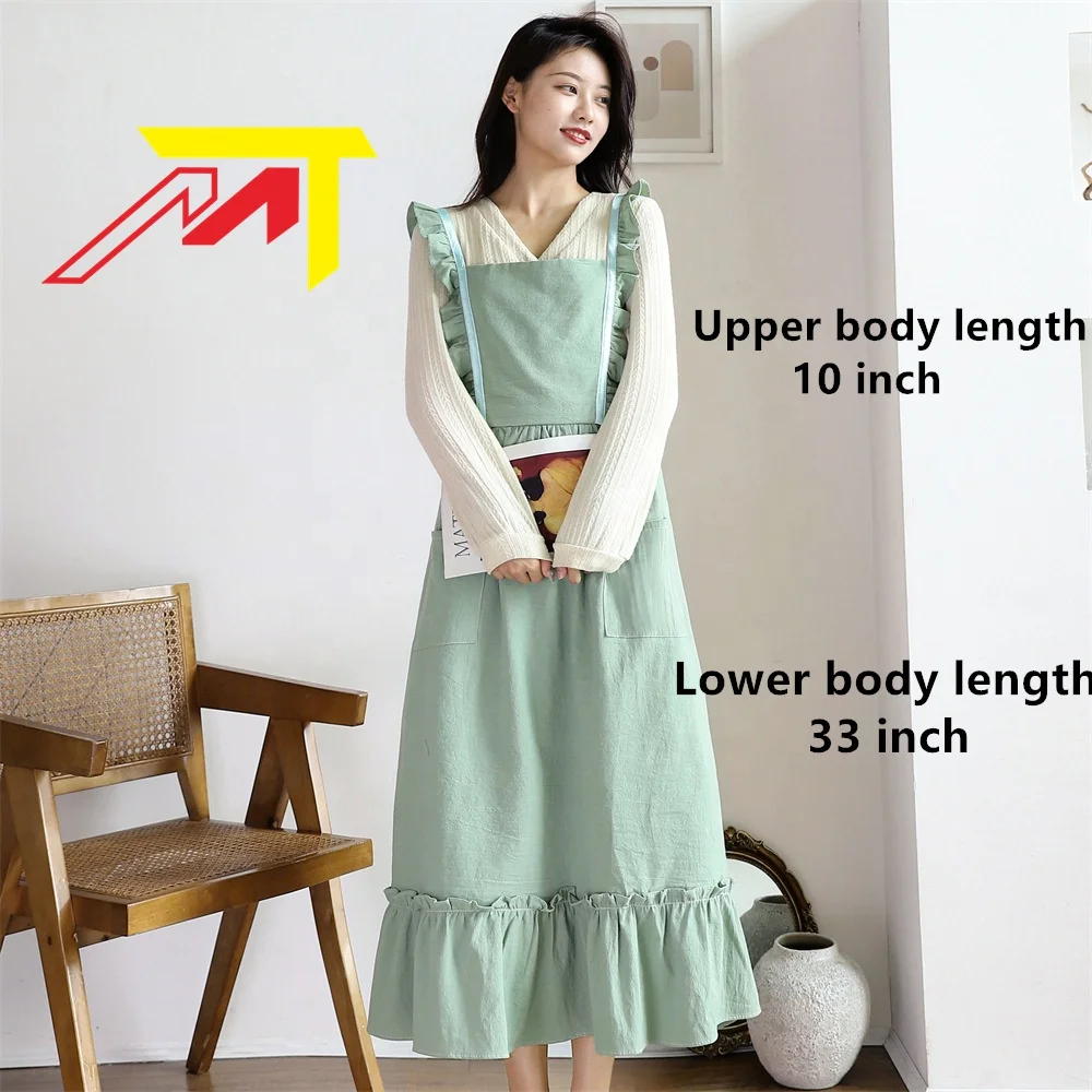 Korean style cotton linen art Ruffle apron for household use Reusable custom  apron dress for women  Antifouling 2 pockets