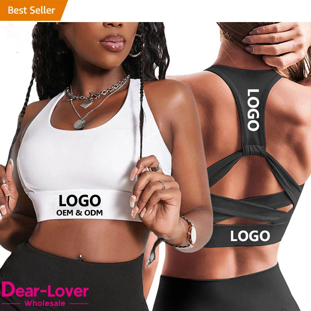 Dear-Lover High Quality Custom White Black High Impact Push Up Strappy Backless Halter Top Fitness Gym Yoga Women Sports Bra