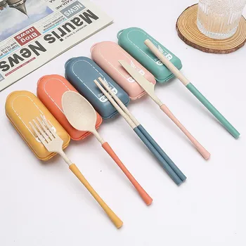 Portable Camping Tableware Set Fork Spoon Chopsticks with Case Travel Cutlery Wheat Straw Dinnerware for Dinners Box Packing