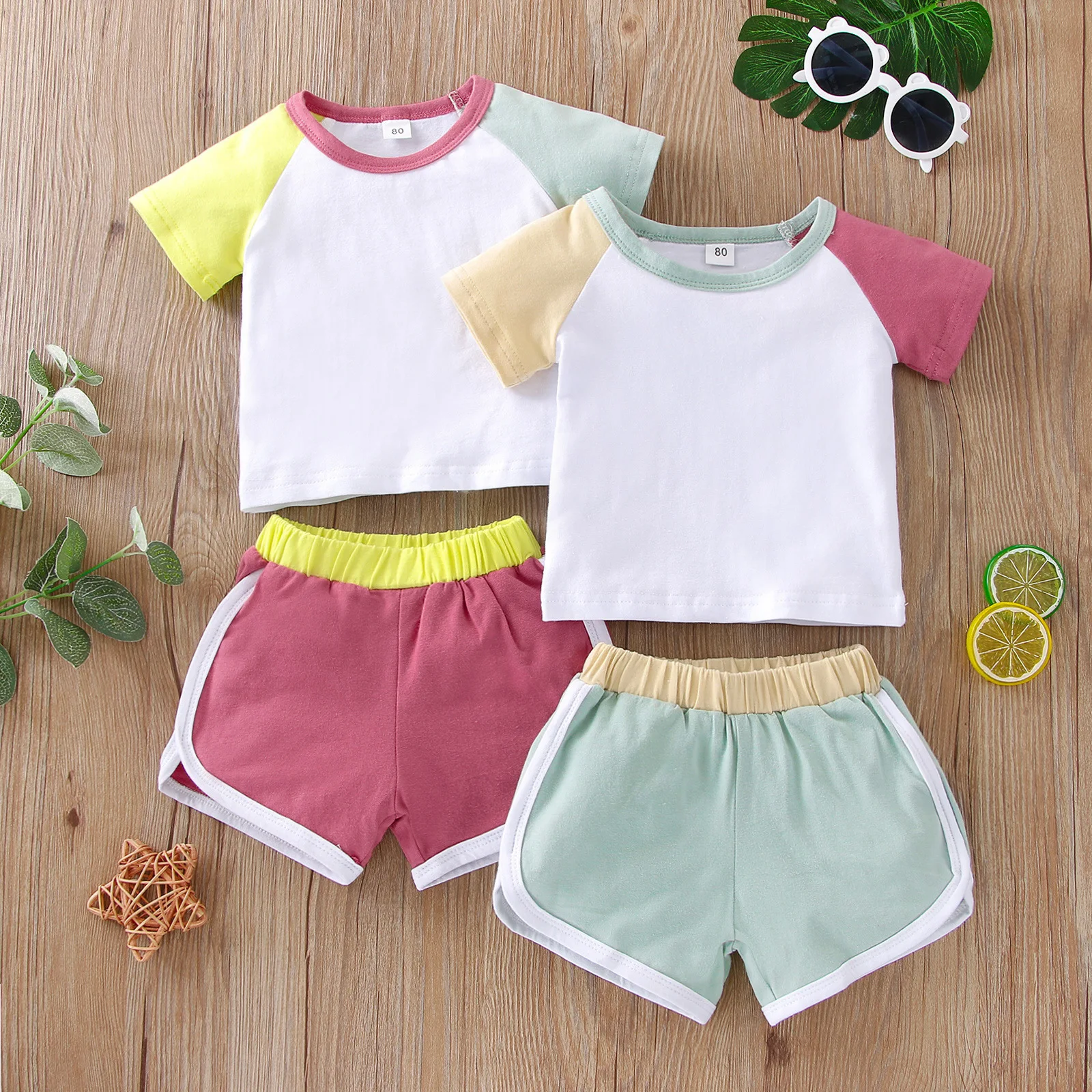 Factory wholesale kids summer outfits casual stitching solid shorts girl's suits fashion children biker clothing outfits