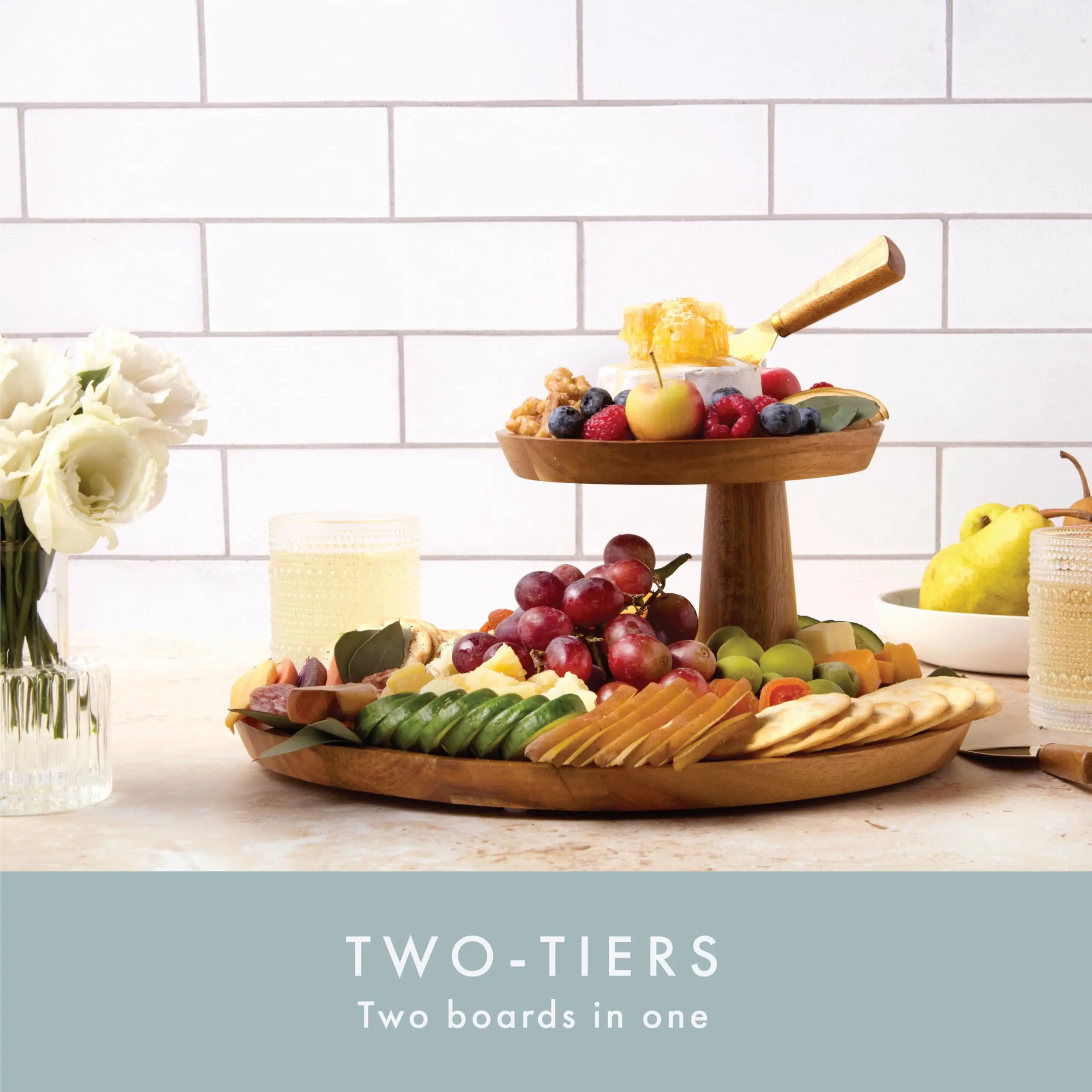 product acacia wood cheese board 2 tier charcuterie board set round cheese serving tray with knives bowls honey dipper for party-5