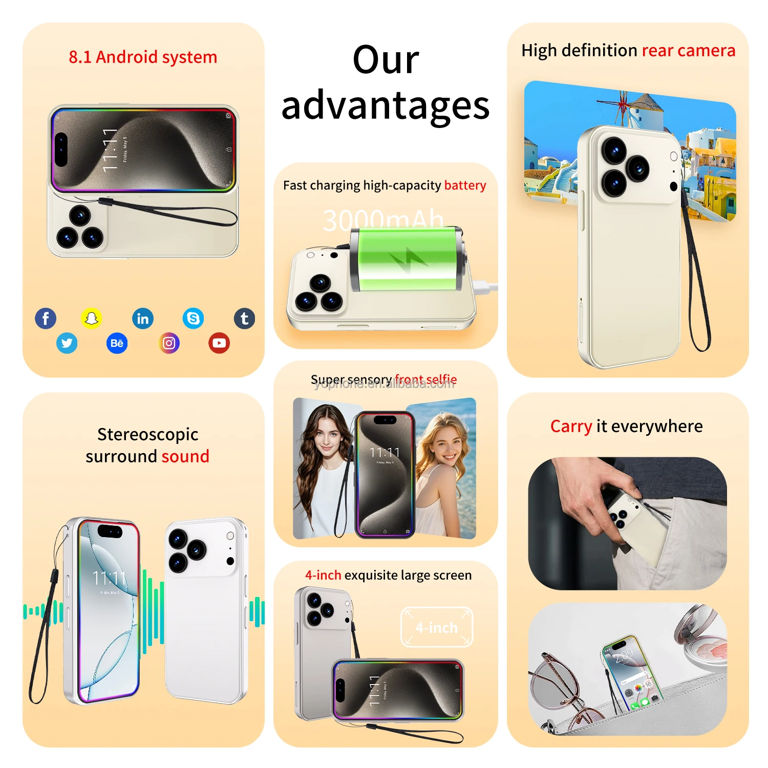 2025 Custom Logo 4-Inch Mini Android Smart Phone Wholesale 3G 4G 5G Mobile with Octa Core CPU and LTE Cellular