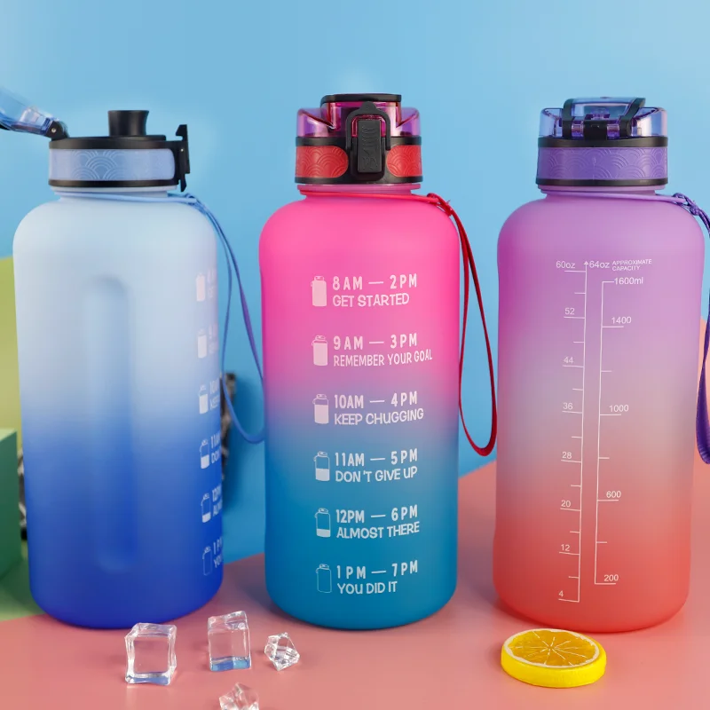 Hot Sell Time Marker Water Bottle 2L Inspirational Gradient Color Bottle 64OZ Rope Strap Customized Gym