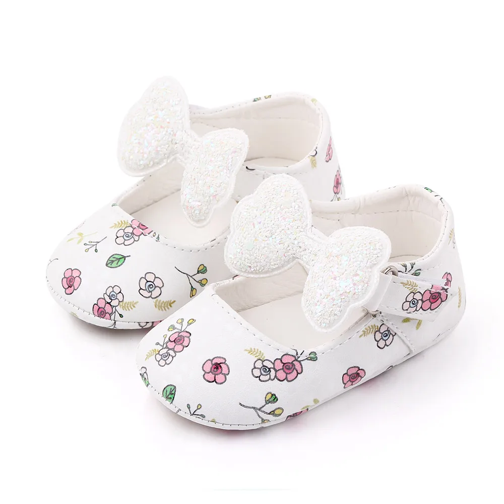 Solid Color Small Flowers Shiny Big Bow Pu Leather Baby Girls Princess Cute Toddler Shoes 2025 manufacture