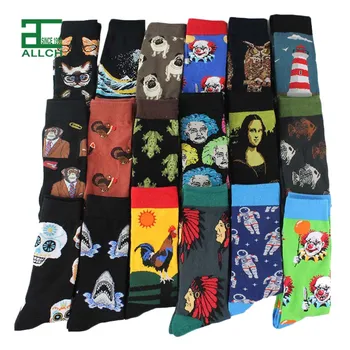 ALLCH Amazon Hot Selling 100% Cotton Bulk Production Male Tube Knitted Jacquard Cartoon Animal Retro Jesus Crew Mens Happy Socks