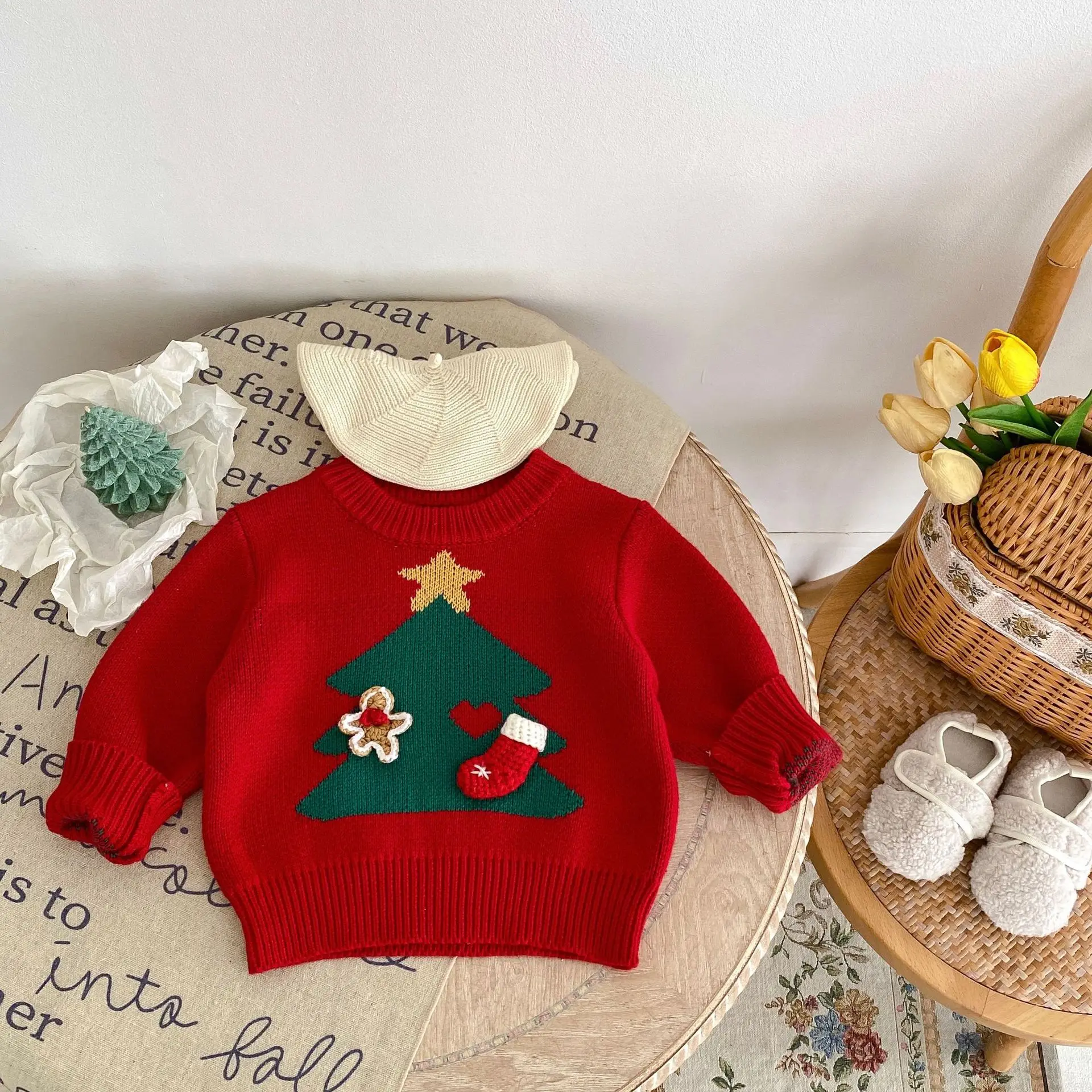 ins2023 new autumn and winter sweater 0-3 years girl baby Christmas tree jacquard pullover sweater