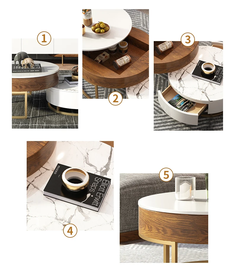 Multifunctional Lift Top Modern Luxury Round MDF Wood Living Room Furniture Marble Tea Center Table Coffee Table