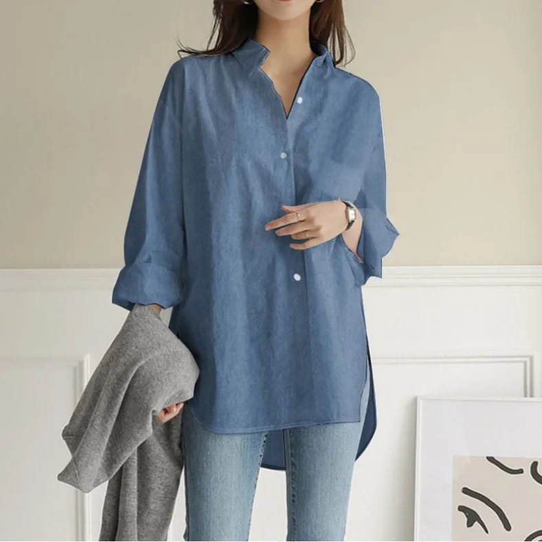 Fashion Denim Blue Shirts Women's Asymmetrical Blouse Casual Long Sleeve Blusas Female Button Down Tunic Loose Top factory