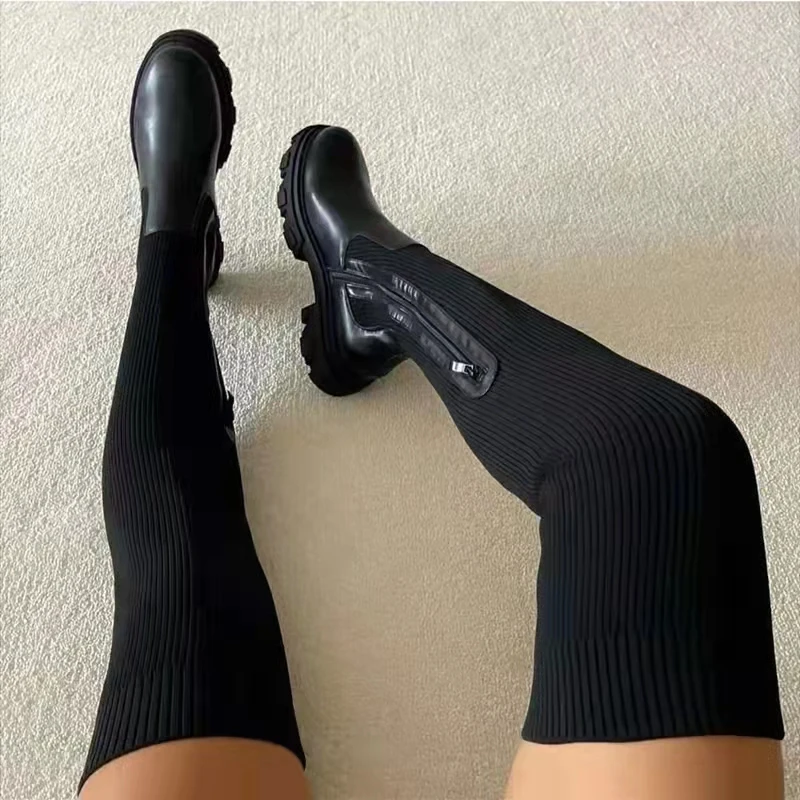 Flats Shoes Thick Sole Boots Autumn Winter Breathable Knitting Sock Upper Women Thigh High Boots Stretch Round Toe Plus Size 43