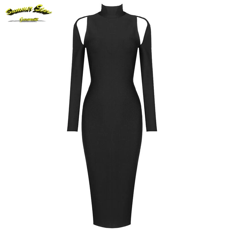 2022 New fashion stand collar bandage dress lady high waist backless sexy slim long sleeve party dress evening bodycon dress
