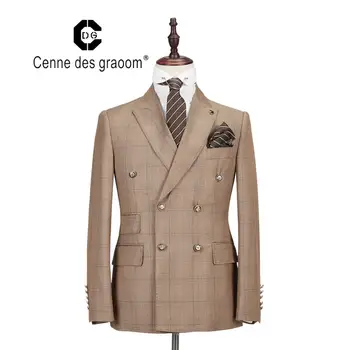 Mens Suit 2 Piece Slim Fit brown Wedding office double breasted for Cenne des graoom Lapel Blazer Trousers