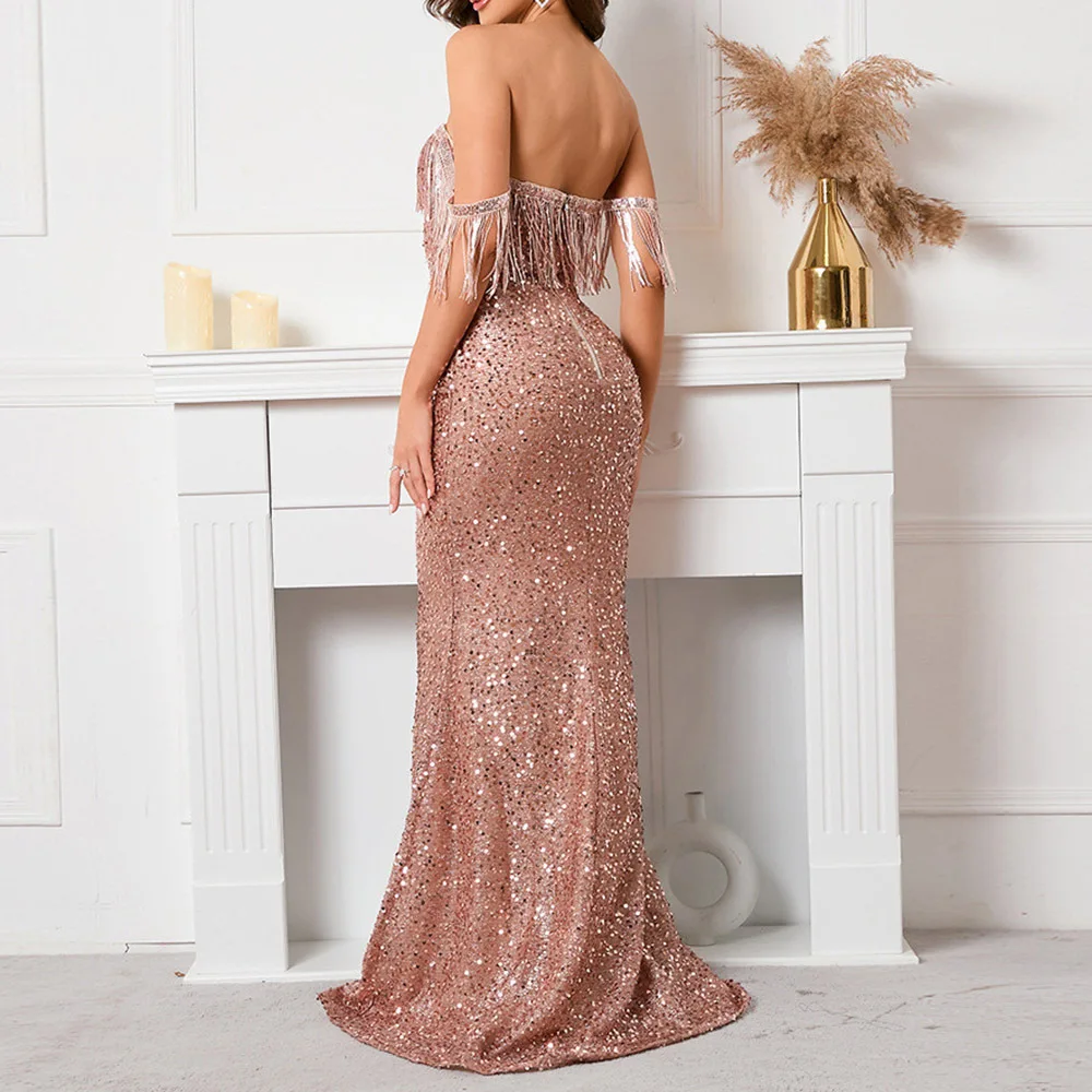 One-Shoulder Tassel Luxury Robe Sequins Mermaid Prom Trailing Banquet Party Evening Dresses 2023