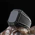 925 Ring Hot Sale 925 Silver Ring For Man Retro Natural Agate Turkish Man Ring Black Square Signet Ring