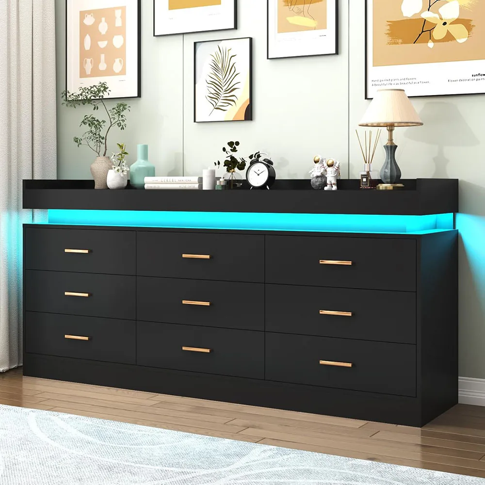 product 9 drawer modern wood dresser with led light charging station black bedroom living room storage cabinet-5