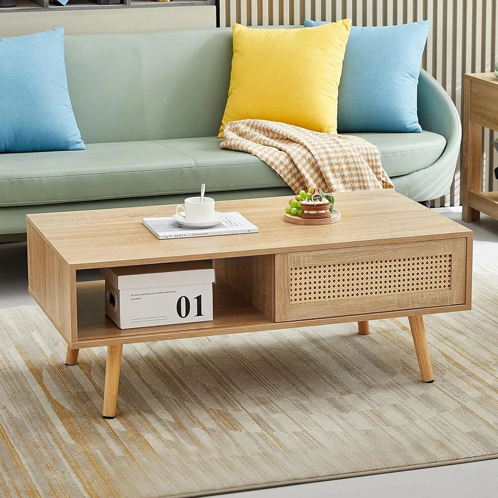 Mid Century Modern Square Coffee Table with Storage Rectangle Wooden Accent Center Tables with Sliding Door Panel and Legs manufacture
