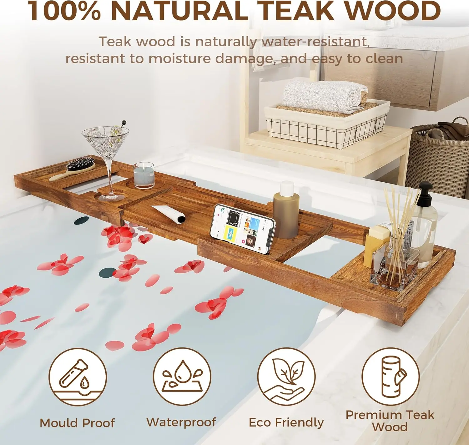 product luxury foldable bath tray teak bathtub tray with expandable handles wine glass and phone holders book stand-0