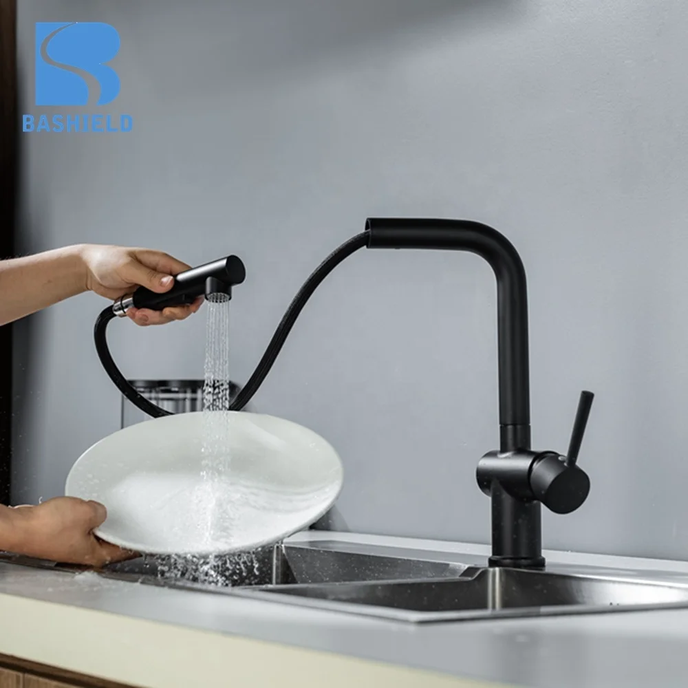 <strong>kitchen</strong> tap matte black single handle pull out kitchen faucet