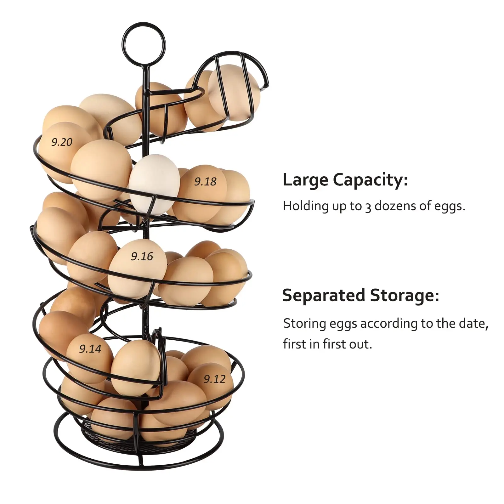 Egg Rack  Metal Egg Skelter Spiral Design Egg Dispenser Rack Holder with Storage Basket for Countertop