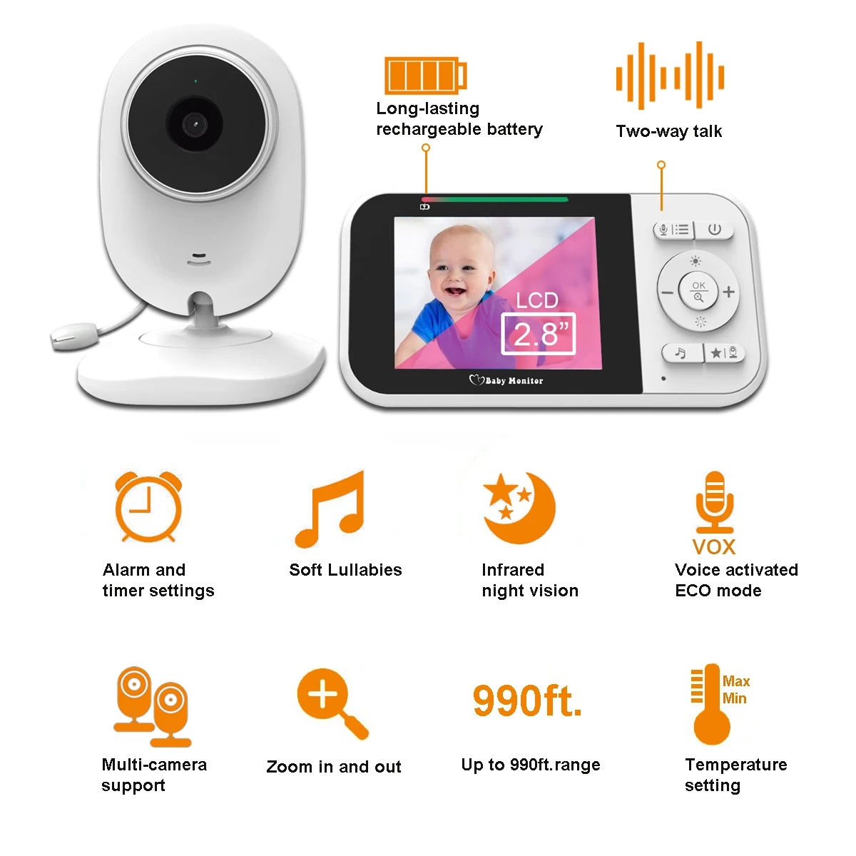 Latest 2.8 Inch Baby Monitor with Better Night Vision 990ft NULL 6 Classic Music DC 5V 1A 2.8 Inch IPS Display 320*240 Pixel 218