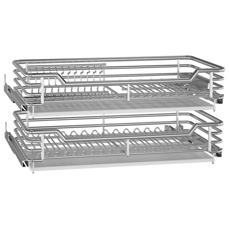 Chinese Stainless Steel Kitchen Drawer Basket Stainless Steel Basket Kitchen Cabinet Pull Out Basket Storage Rack Double Drawer