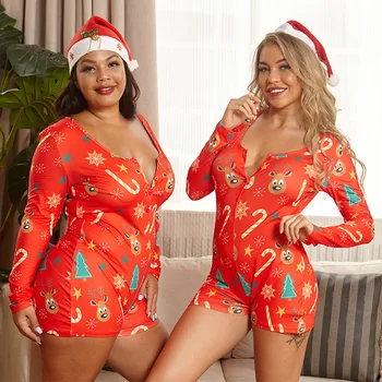 Family pajamas for navidad sleeves print romper women adult with foot slippers long sleeve pajamas Christmas women's