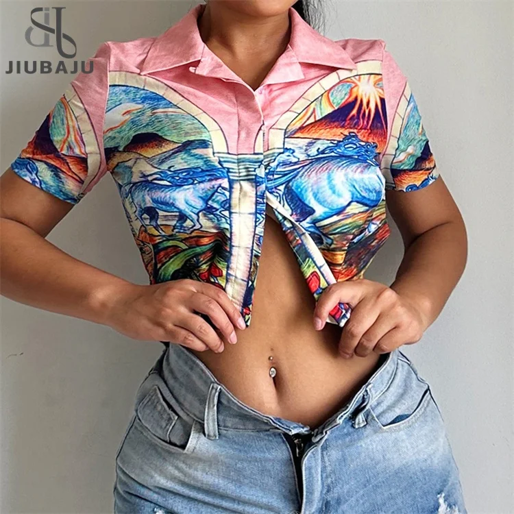 Summer Streetwear Print Crop Tops For Women 2023 Polo-neck Short Sleeve Pink Graphics Shirt Female