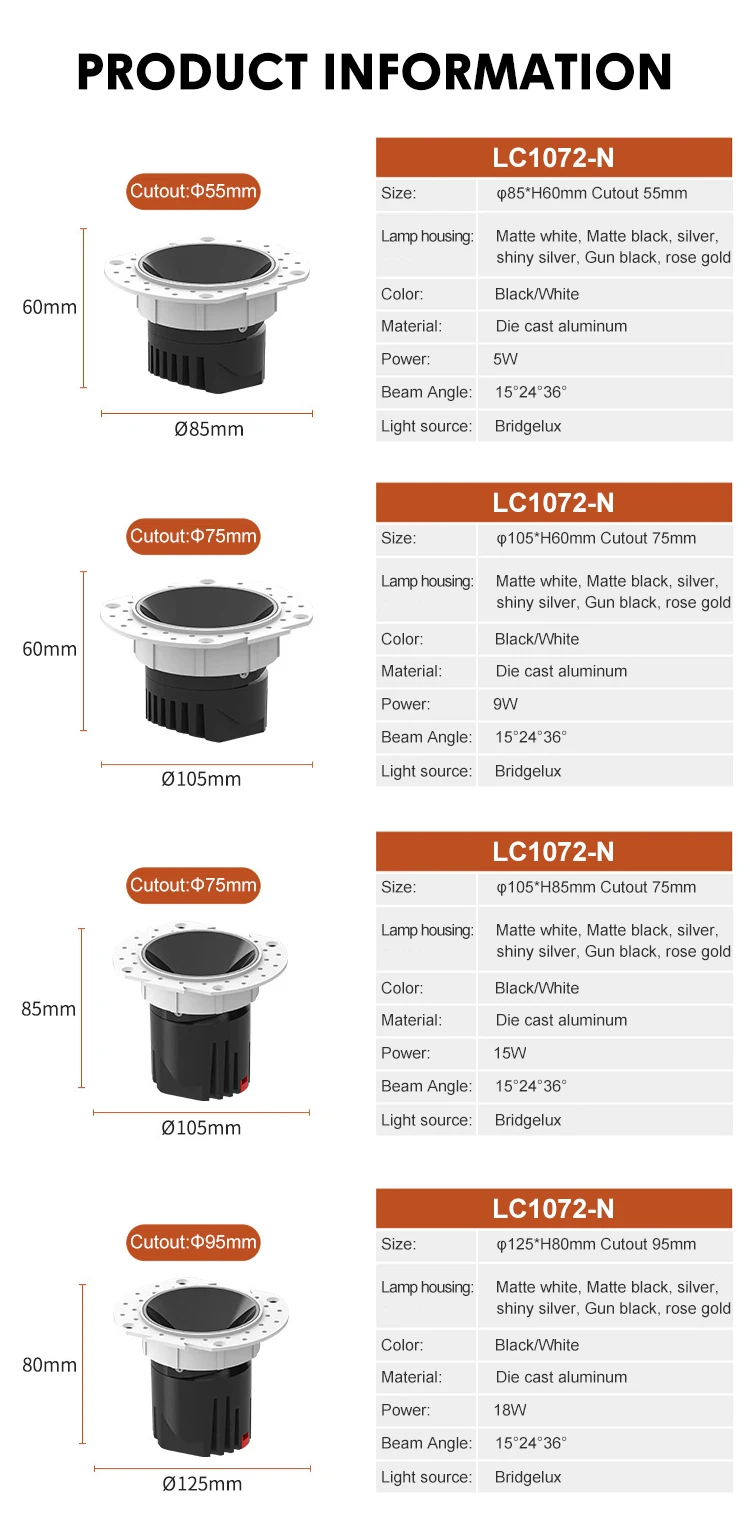 lc1072 china factory price adjustable led spotlight indoor aluminum 5 9 15 18 watt recessed ceiling downlight-3