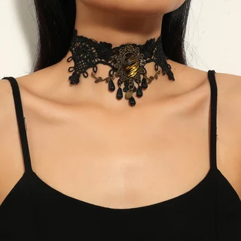 Sexy Gothic Chokers Crystal Black Lace Necklace Pearl Pendant Choker