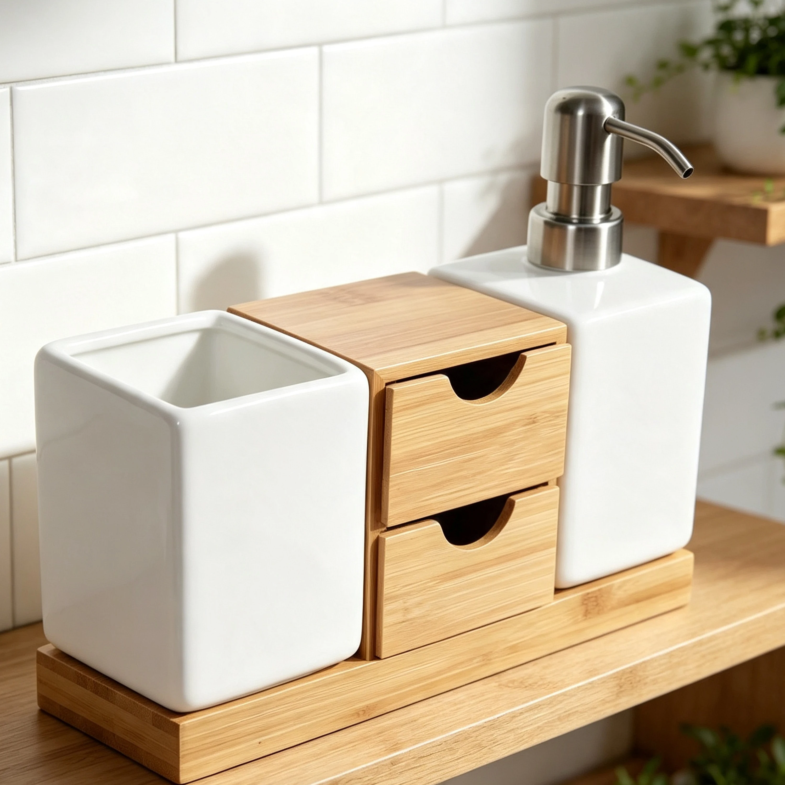product bamboo three piece countertop organizer with drawers soap pump set modern bath accessories lotion dispenser toothbrush holder-4