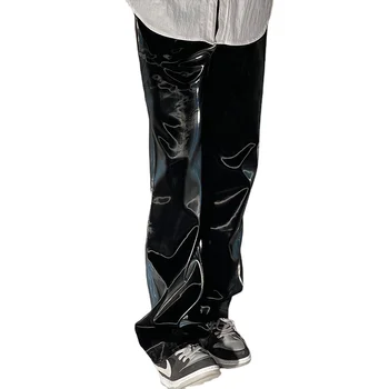 New design fashion men's straight casual stacked pants hip-hop punk style black liquid pu loose leather pants