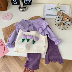 Girls Sweaters Knitting Vest Purple T-shirt Wide-leg Pants Girls Clothing Sets Sweet Contrast Color Girls Sets Clothing Boutique