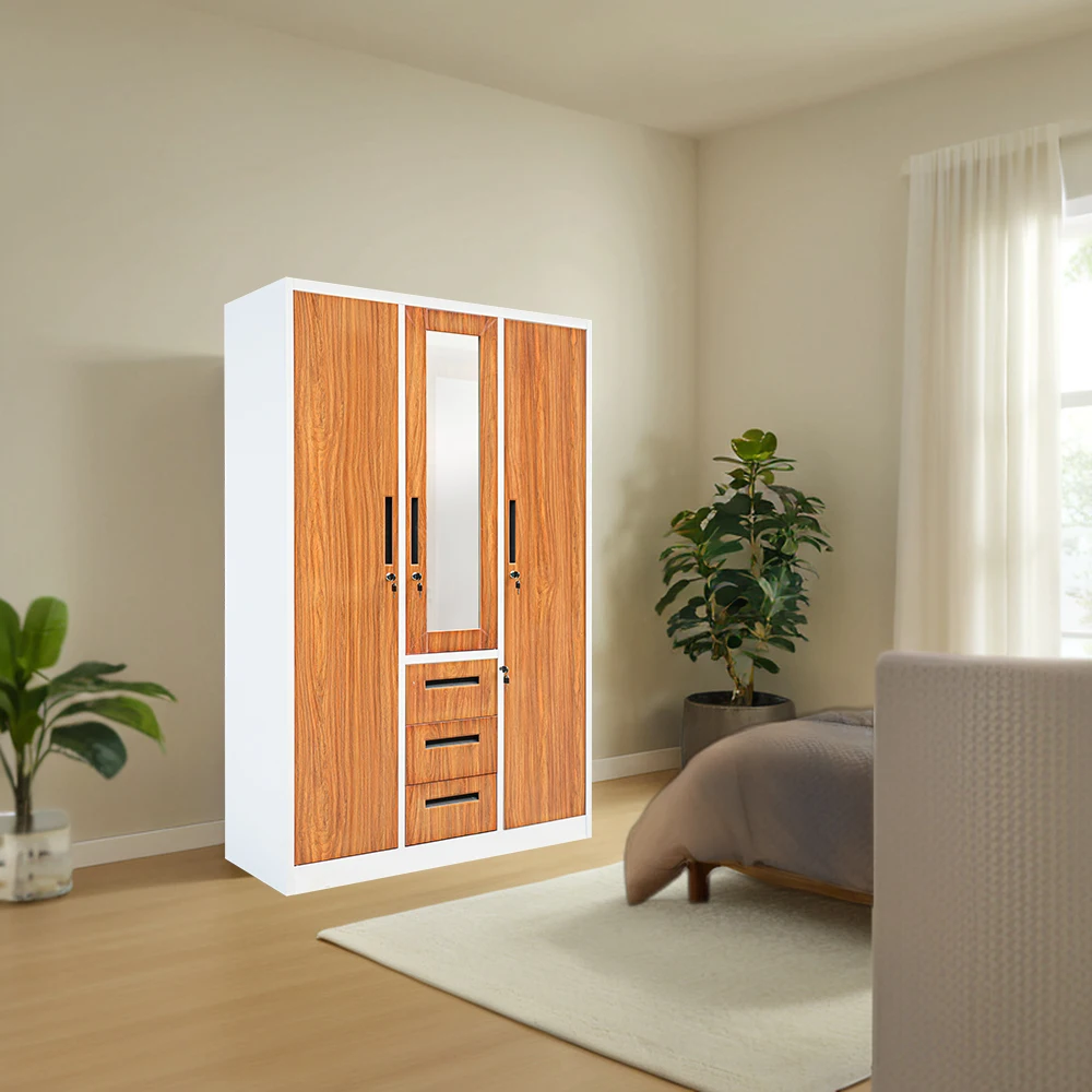 Hot Sale Latest Designed Fashionable 3-Door Steel Closet Wardrobe with 3 Drawers Bedroom Furniture for Home Use