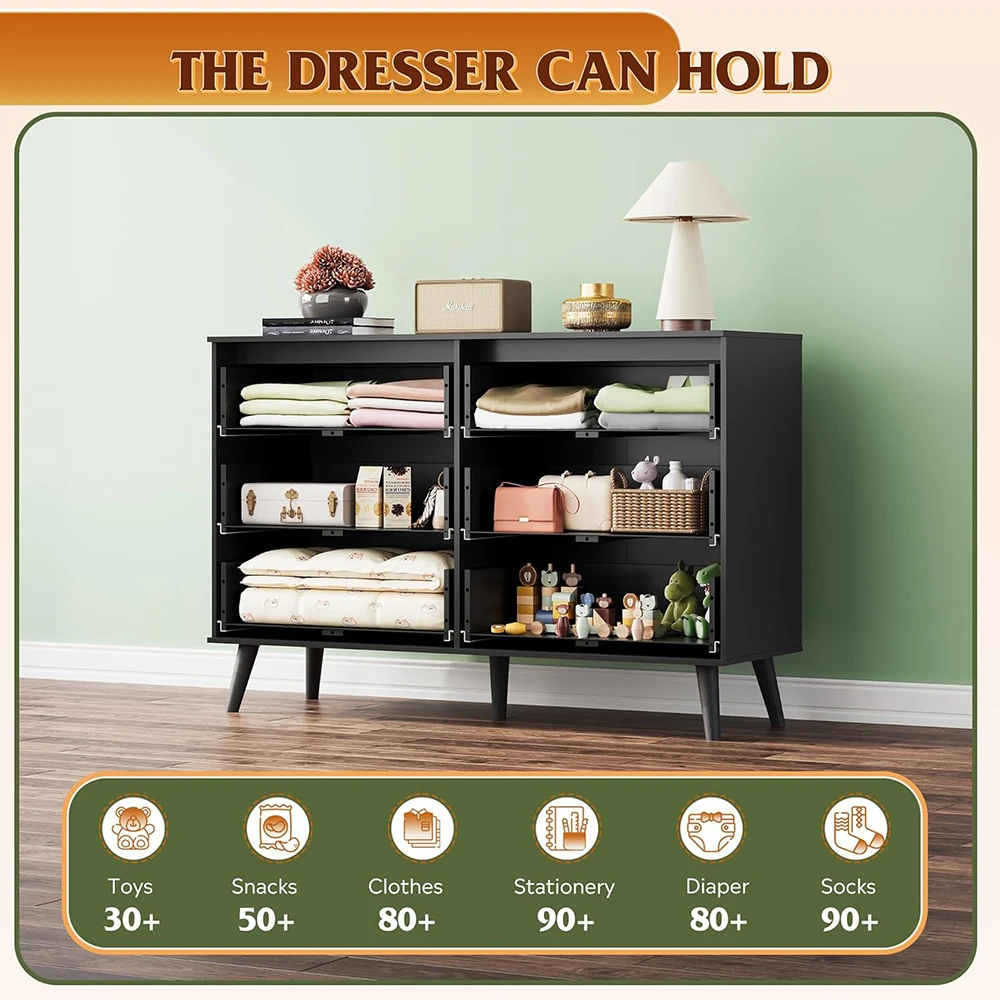 product nu deco modern black wooden 6 drawer dresser with sturdy metal handles 4724 wide tv stand for 55 tvs bedroom storage-7