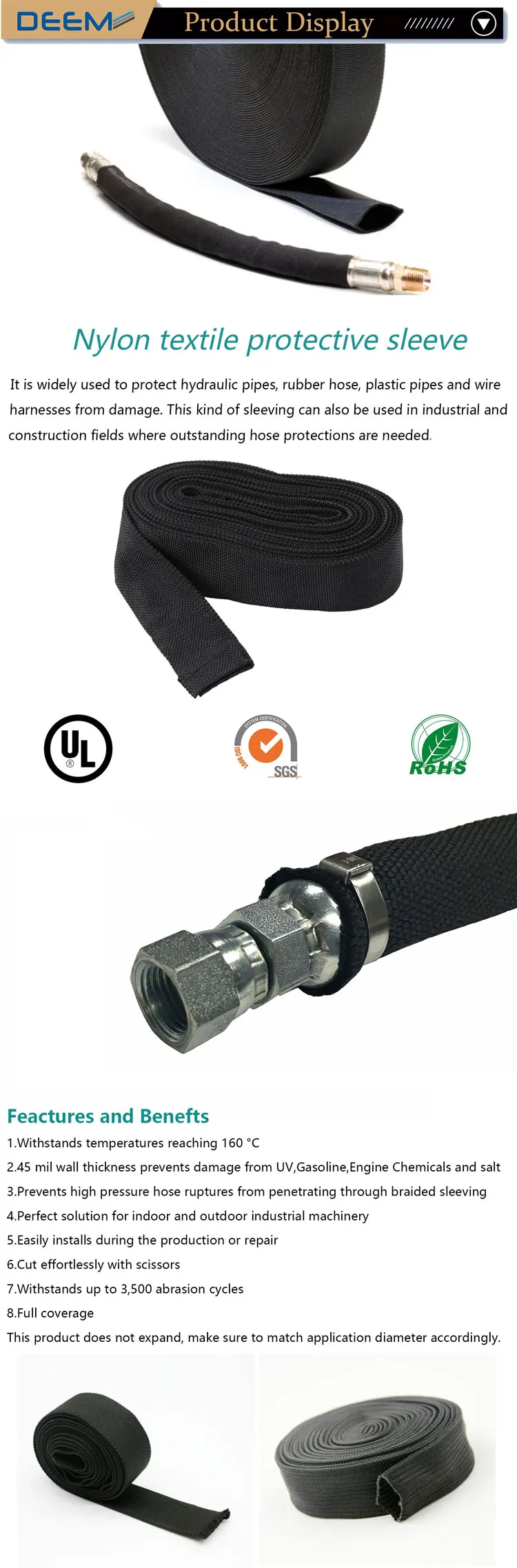 DEEM Nylon hydraulic hose protection sleeve for Prevents high pressure hose ruptures
