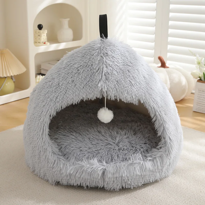 product fluffy dog cat cave bed with ball toys multi colors doggy cat sleeping bed indoor cat house-59