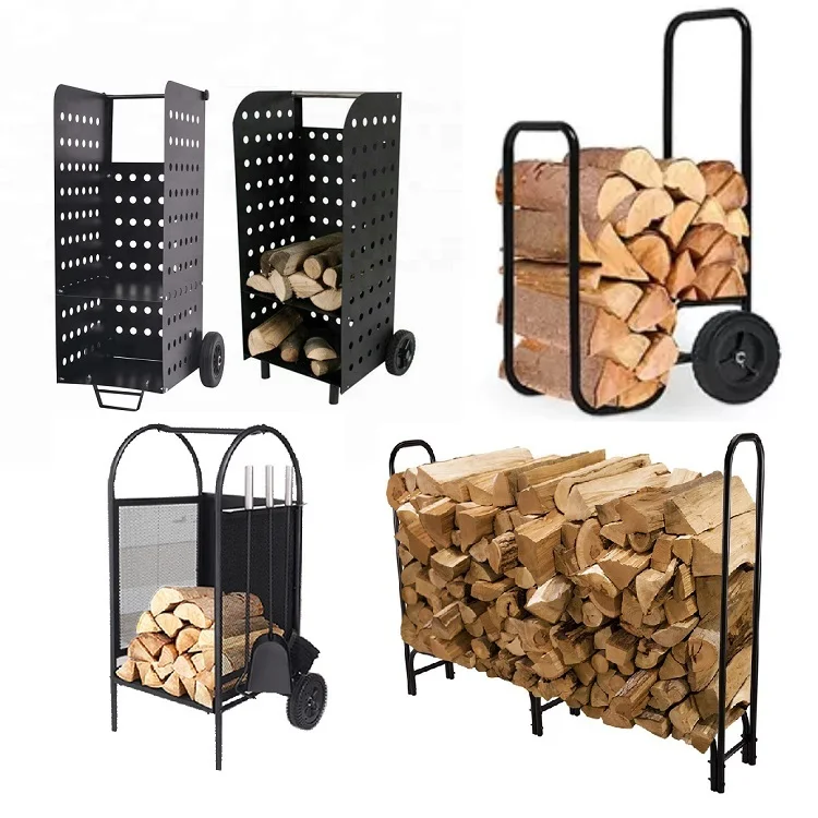 Tall Black Firewood Holder Steel Log Carrier Holder Wood Rack Indoor & Outdoor 